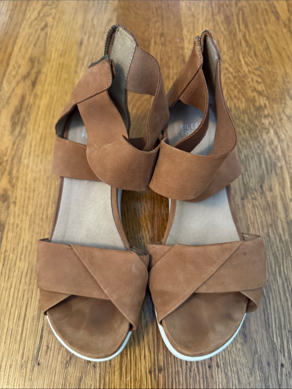 Eileen Fisher Cognac Suede Crisscross Ankle-Strap Sandals